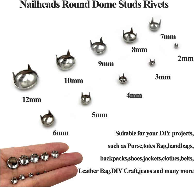honigo 200pcs Nailheads Dome Studs Rivets Silver Metal Solid Brass 2/3/4/5/6/7/8/9/10/12mm 4 Prongs Spikes Spots for Leather Craft Clothes Belt Bag Shoes Decorations Totes DIY Craft - Image 3